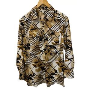 Danna Buchman Women's Shirt Brown/White/Black Long Sleeve Size Medium Blouse